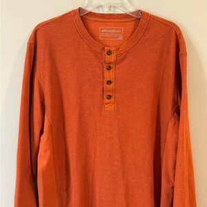 Eddie Bauer Men’s Shirt Thermal Waffle Knit Henley Orange Size Large Long Sleeve